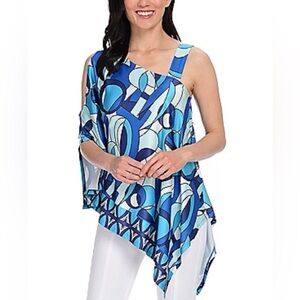 Kate & Mallory Womens Blue Geometric Print Cold Shoulder Tunic Blouse Size Med